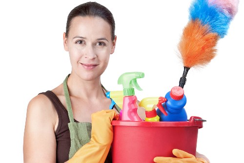 Clean and organized living room with professional cleaning tools