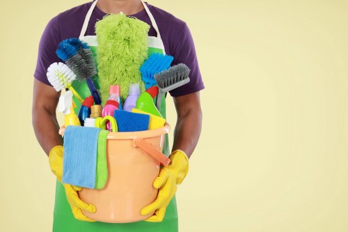 Professional cleaning team with supplies