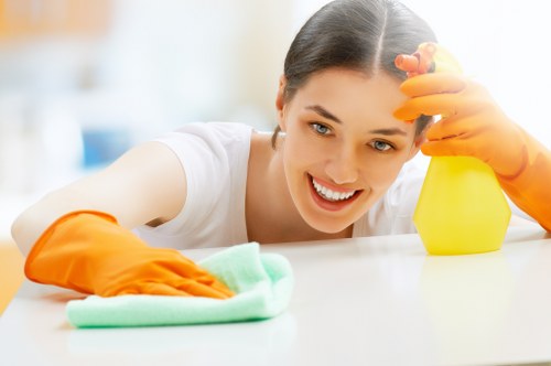 House cleaner using professional tools on patio