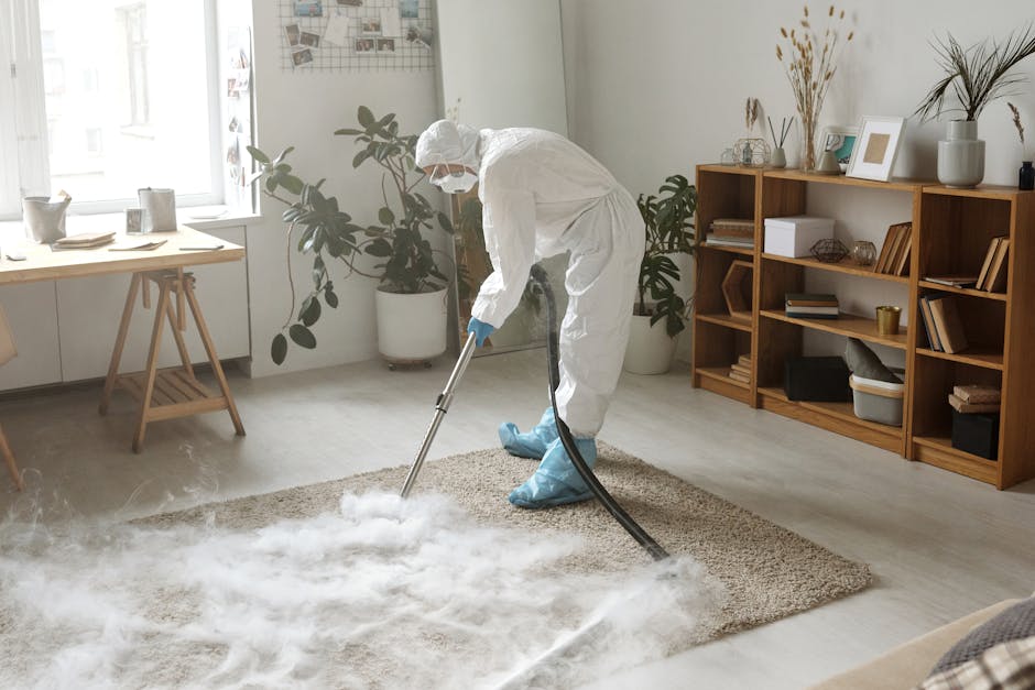 A professional cleaner dressed in full protective gear, including a white coverall, gloves, mask, and shoe covers, is performing deep surface cleaning on a light beige, textured carpet in a well-lit l